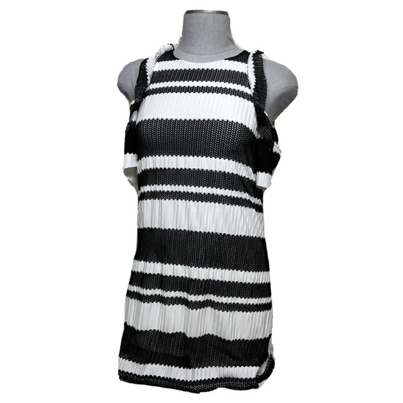 Zara Mini Dress‎ Cold Shoulder Mesh Lace Black/White Stripe Women’s Size Small - Picture 1 of 10